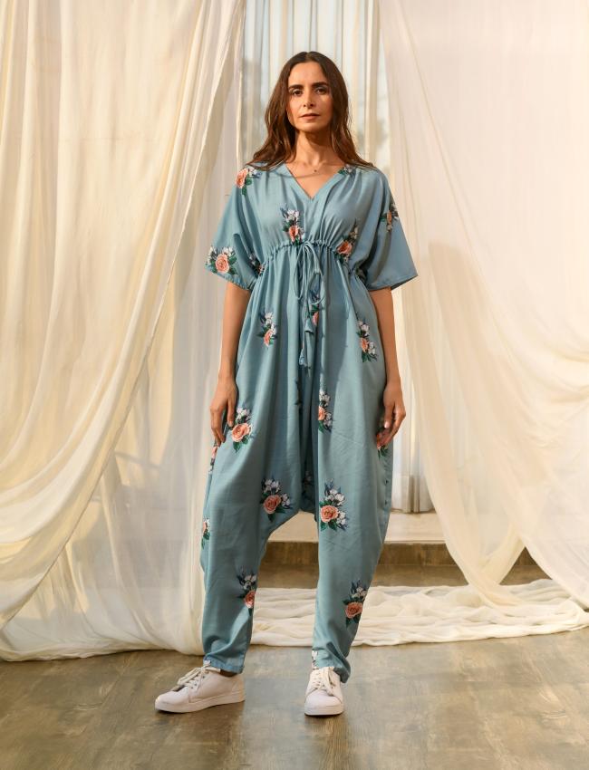 Dusty Teal Kimono Dhoti Jumpsuit