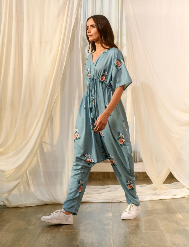 Dusty Teal Kimono Dhoti Jumpsuit