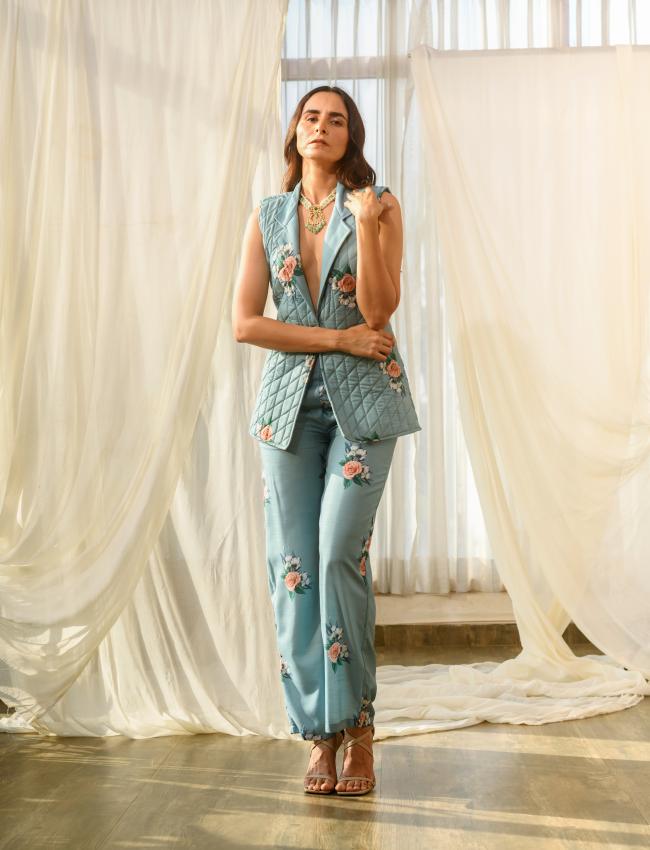 Dusty Teal Quilted Pant Suit