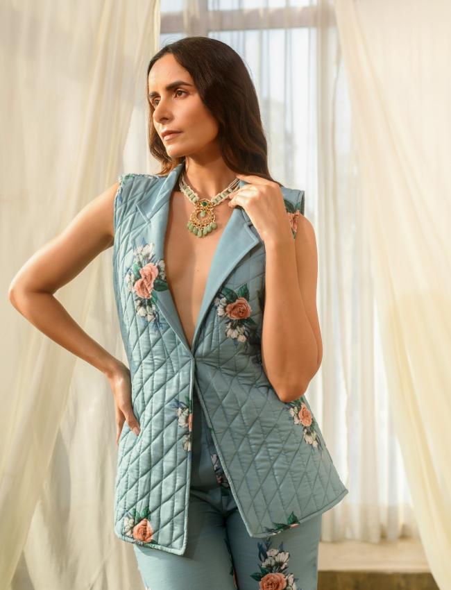 Dusty Teal Quilted Pant Suit