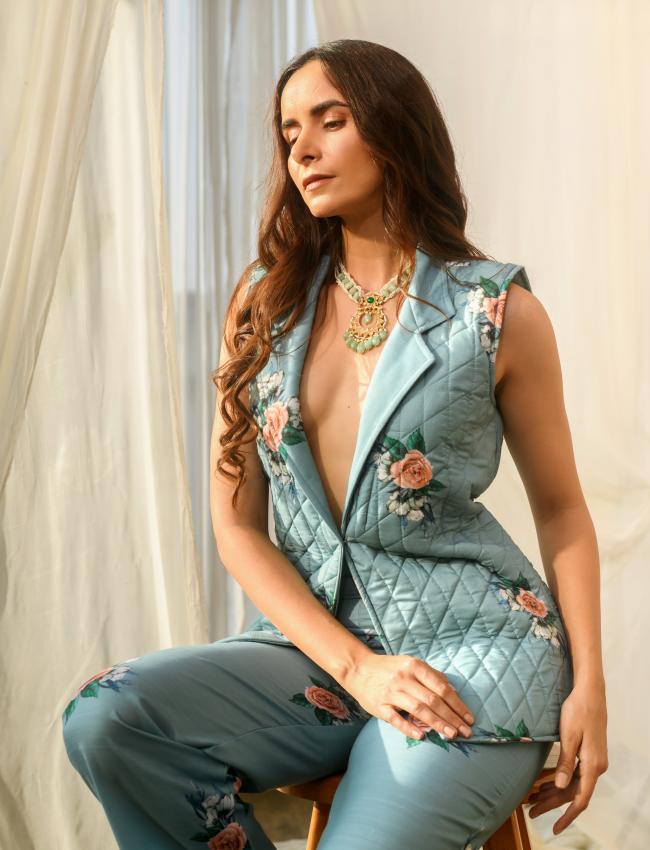 Dusty Teal Quilted Pant Suit