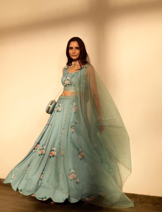 Dusty Teal Sequins Kali Lehenga Set