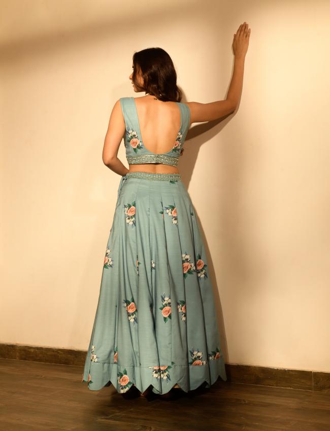 Dusty Teal Sequins Kali Lehenga Set