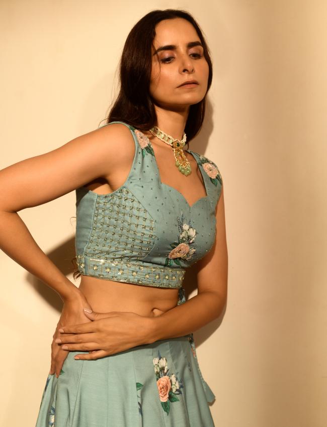 Dusty Teal Sequins Kali Lehenga Set