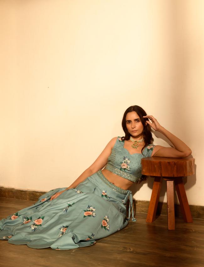 Dusty Teal Sequins Kali Lehenga Set