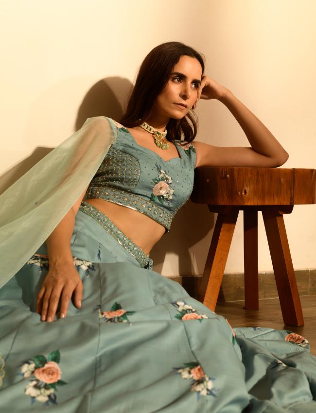 Dusty Teal Sequins Kali Lehenga Set