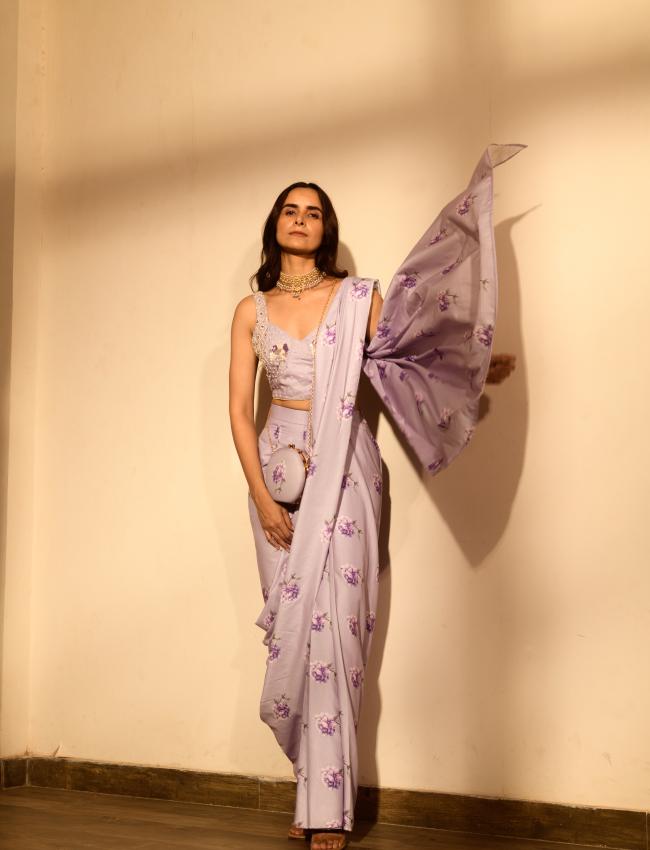 Very Peri Lilac Sequins Pant Saree Set