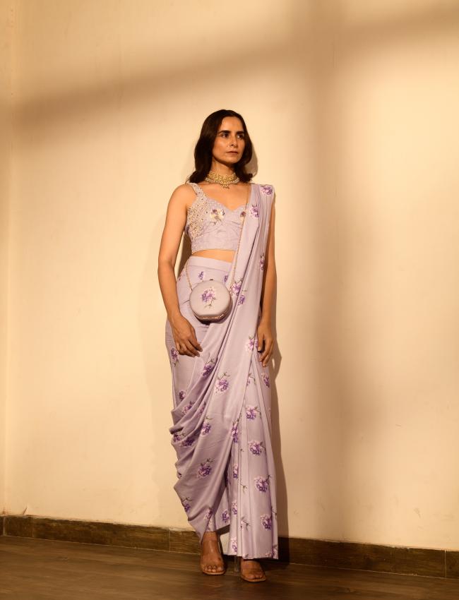 Very Peri Lilac Sequins Pant Saree Set