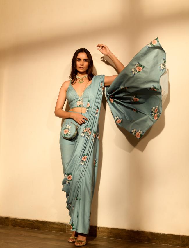 Dusty Teal Sequins Pant Saree Set