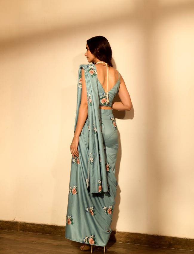 Dusty Teal Sequins Pant Saree Set