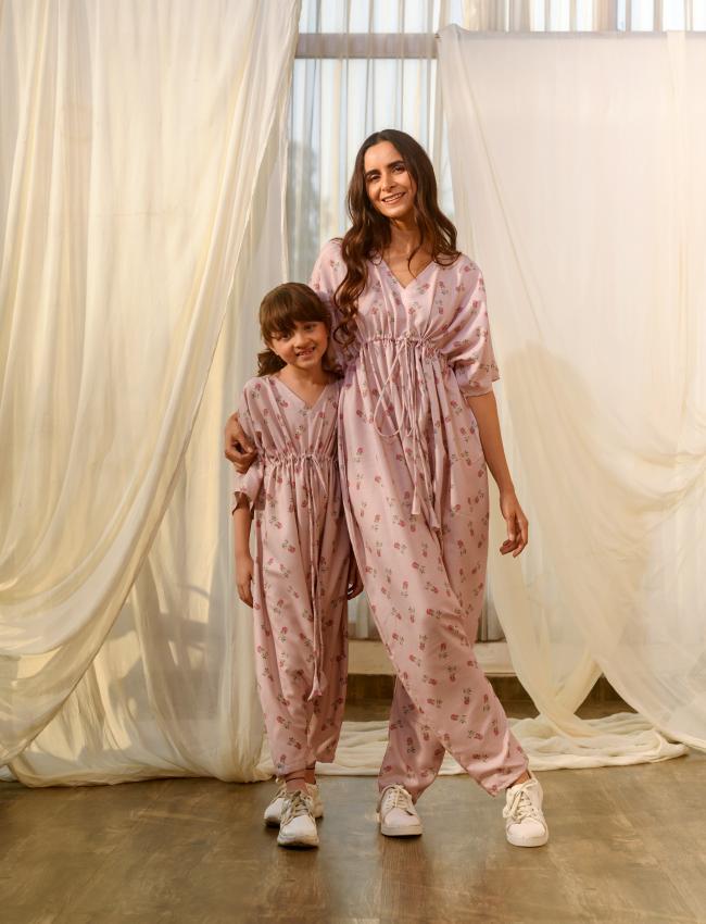 Mother Daughter Rosey Pink Kimono Dhoti Jumpsuit