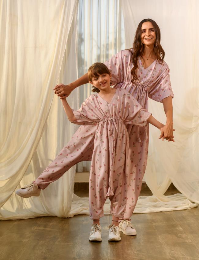 Mother Daughter Rosey Pink Kimono Dhoti Jumpsuit