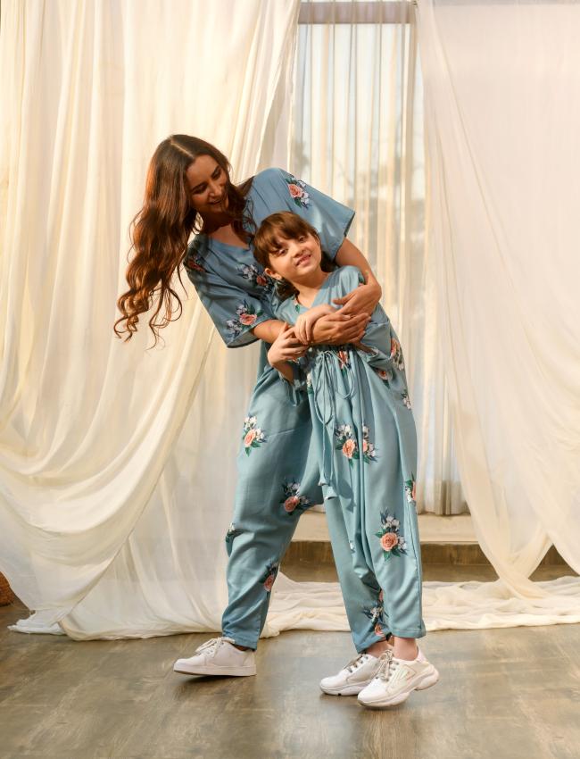 Mother Daughter Dusty Teal Kimono Dhoti Jumpsuit