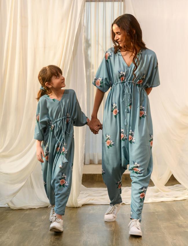 Mother Daughter Dusty Teal Kimono Dhoti Jumpsuit