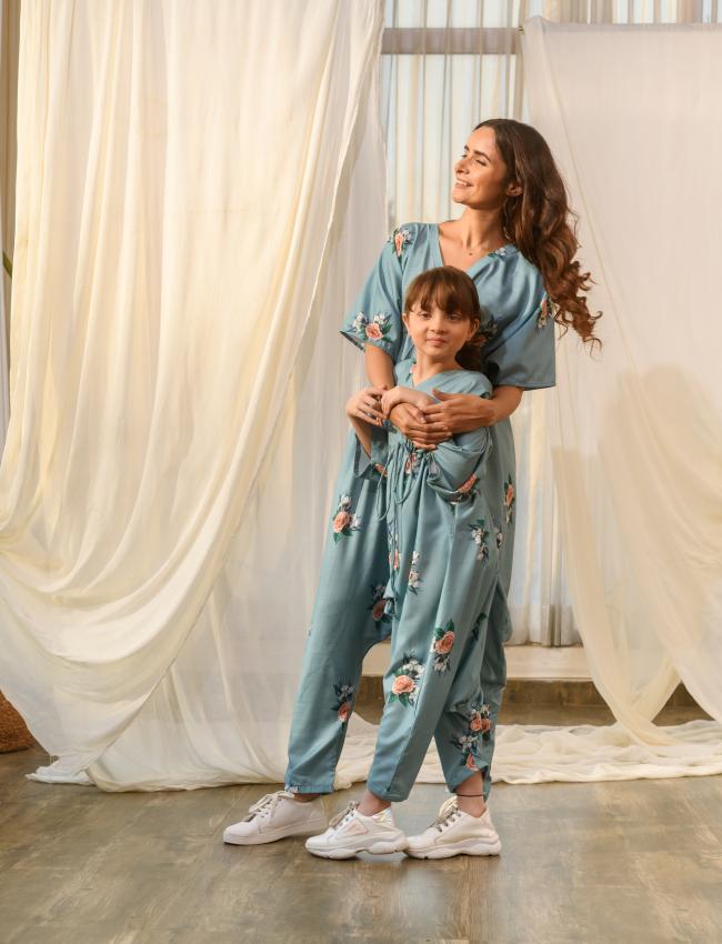 Mother Daughter Dusty Teal Kimono Dhoti Jumpsuit