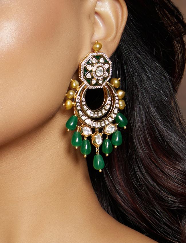 Classic Green & Golden  Polki Earrings