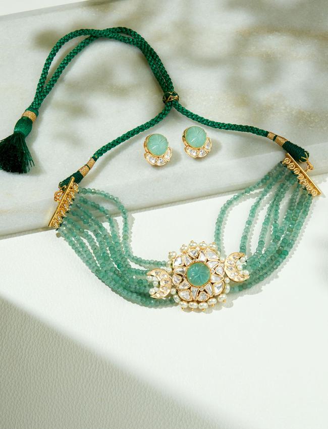 Green & Golden Polki Necklace Set