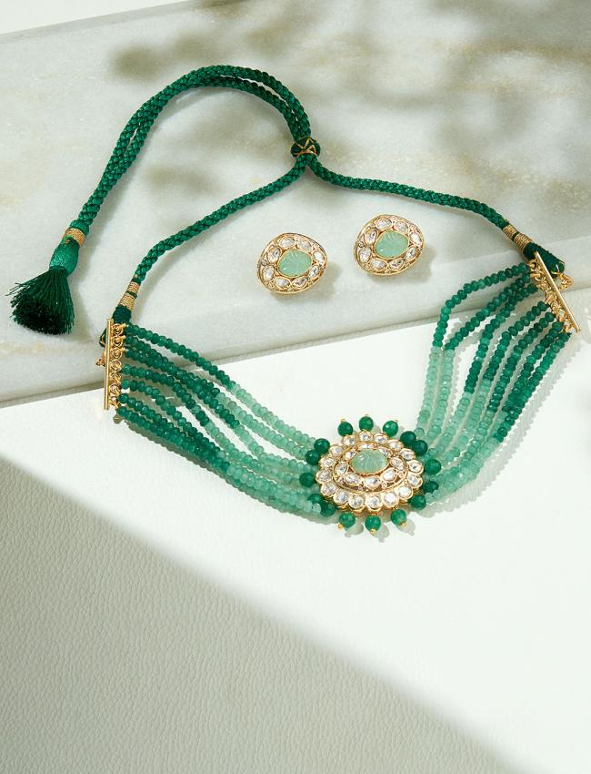 Multi Shaded Green Polki Choker Set