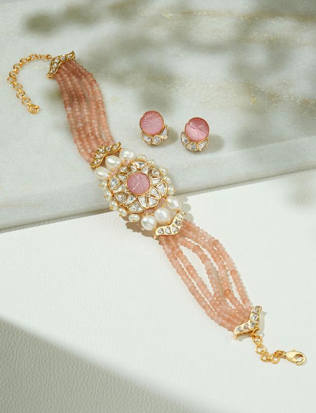 Vibrant Peach Beaded Polki Necklace Set