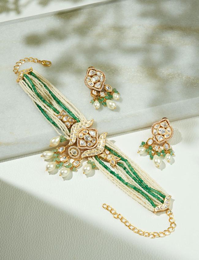 "Elegant White & Green Necklace Set  "