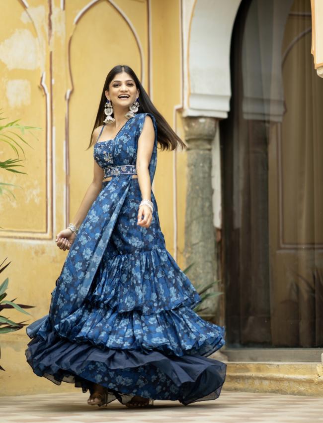 Midnight Blue Ruffle Saree with Blouse