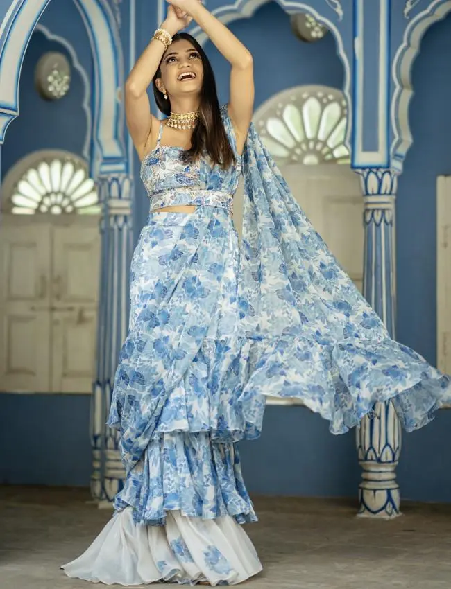 Seashell Cream Ruffle Saree with Blouse