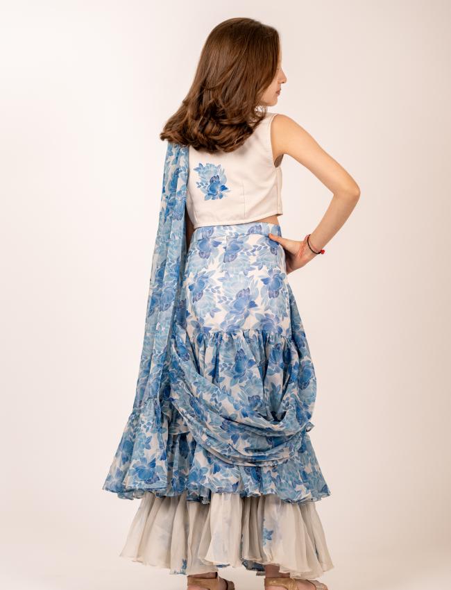 Seashell Cream Ruffle Saree Kids