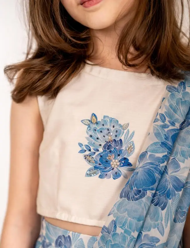 Seashell Cream Ruffle Saree Kids