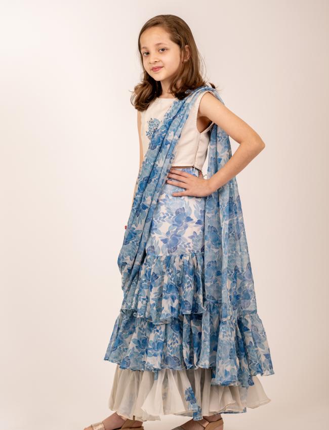 Seashell Cream Ruffle Saree Kids