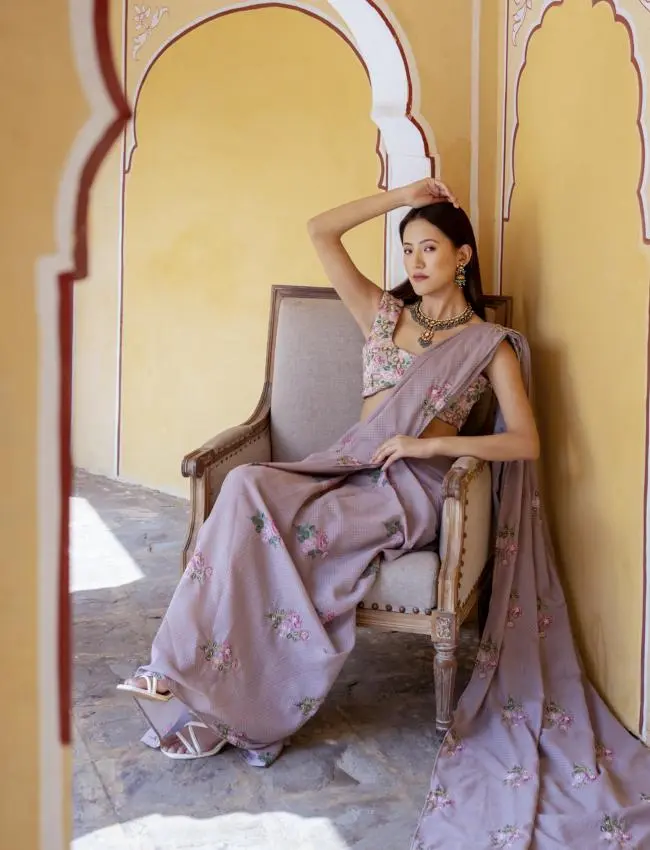 Mocha Brown Floral & Polka Dot Concept Saree Set