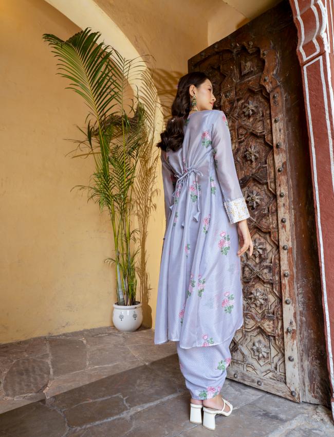 Soft Blue Floral & Polka Dot Blouse, Skirt & Cape Set