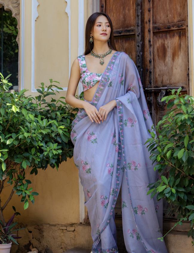 Soft Blue Floral & Polka Dot Concept Saree Set