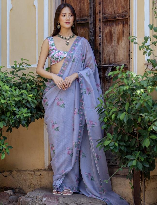 Soft Blue Floral & Polka Dot Concept Saree Set