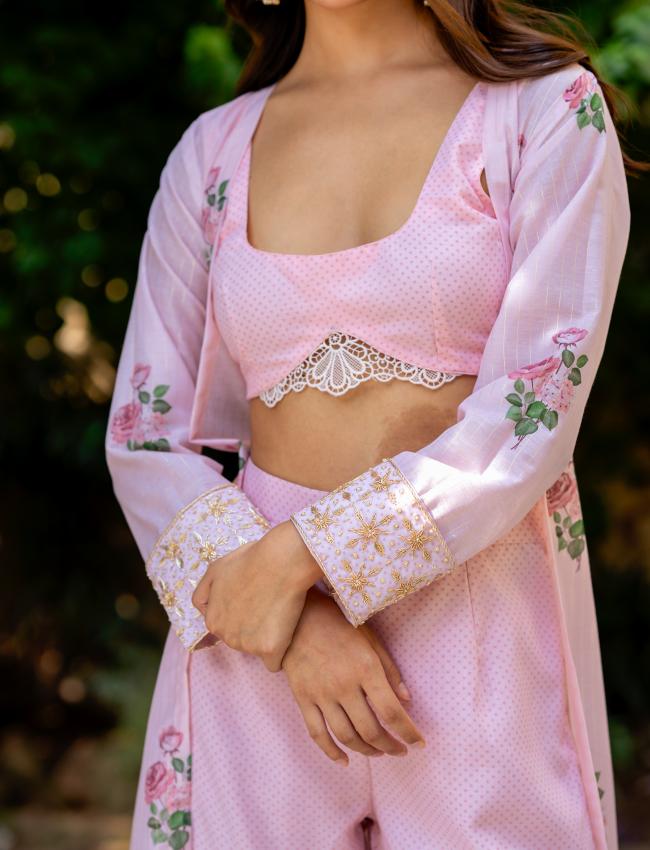 Sweet Pink Polka Blouse, Sharara & Cape Set