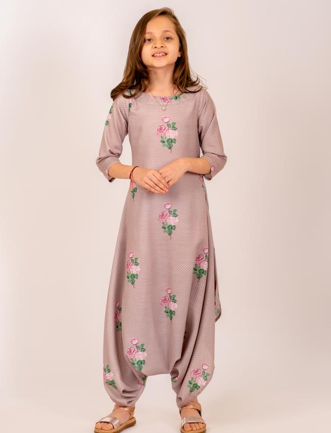 Mocha Brown Floral & Polka Dot Dhoti Jumpsuit Kids