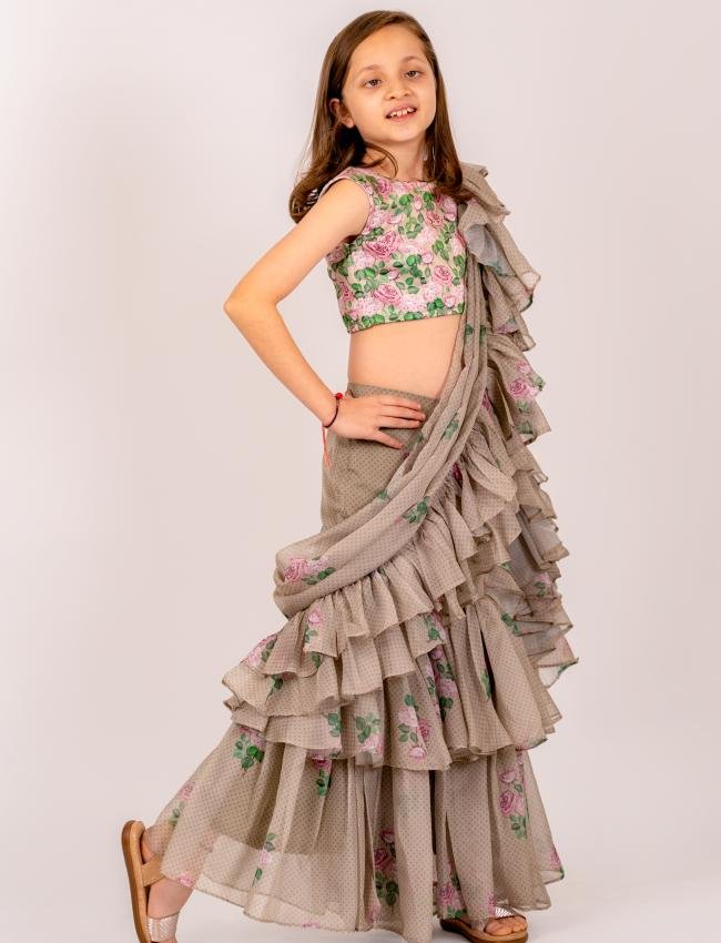 Moss Green Sharara Ruffle Saree & Blouse Set Kids