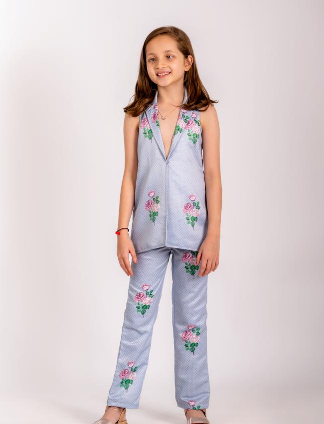 Soft Blue Floral & Polka Dot Pantsuit Kids