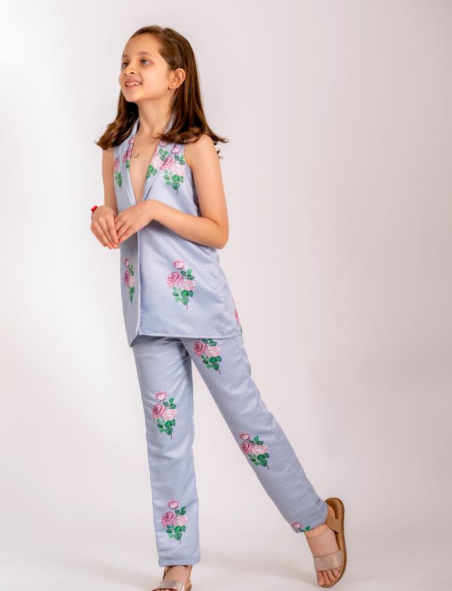 Soft Blue Floral & Polka Dot Pantsuit Kids