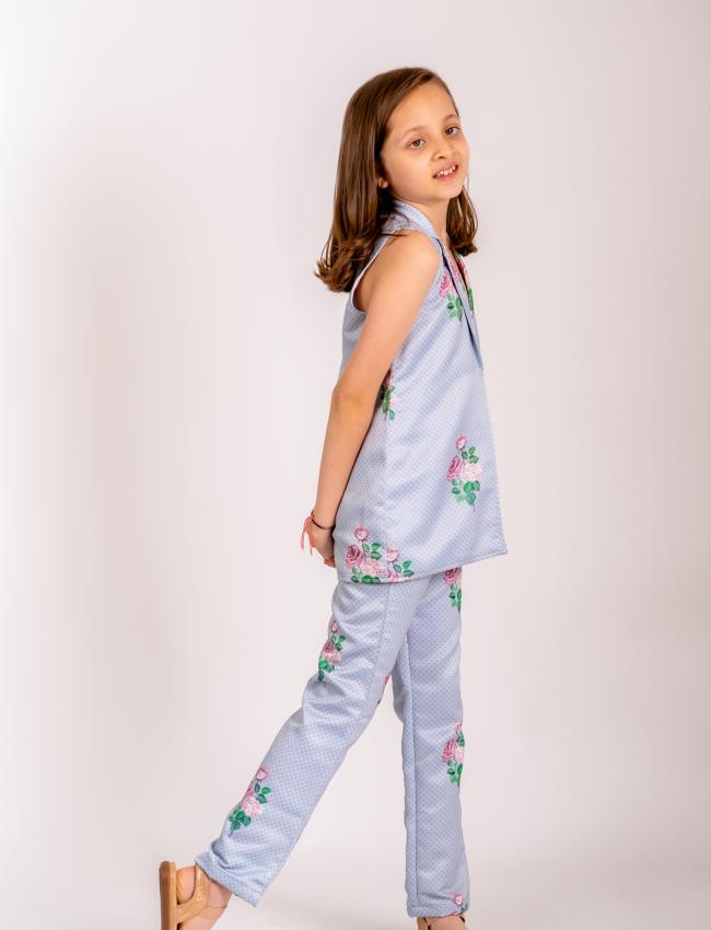 Soft Blue Floral & Polka Dot Pantsuit Kids