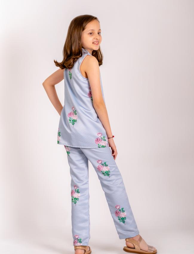 Soft Blue Floral & Polka Dot Pantsuit Kids