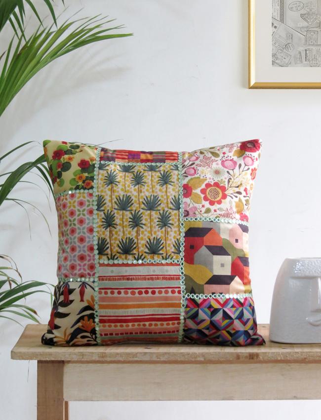 Mirror work multicolor velvet cushion cover