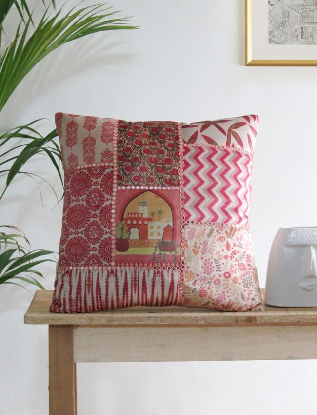 Mirror work Pink cushion cover
