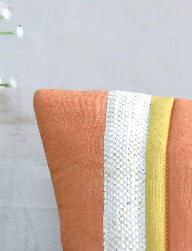 Peach and Yellow Fabric Panels Cotton Cushion Cover 16x16 Inches