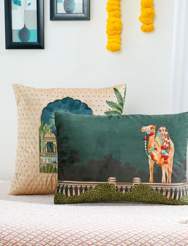 Jharokha camel velvet Cushion Cover 16x 16 Inch set of 2 pcs