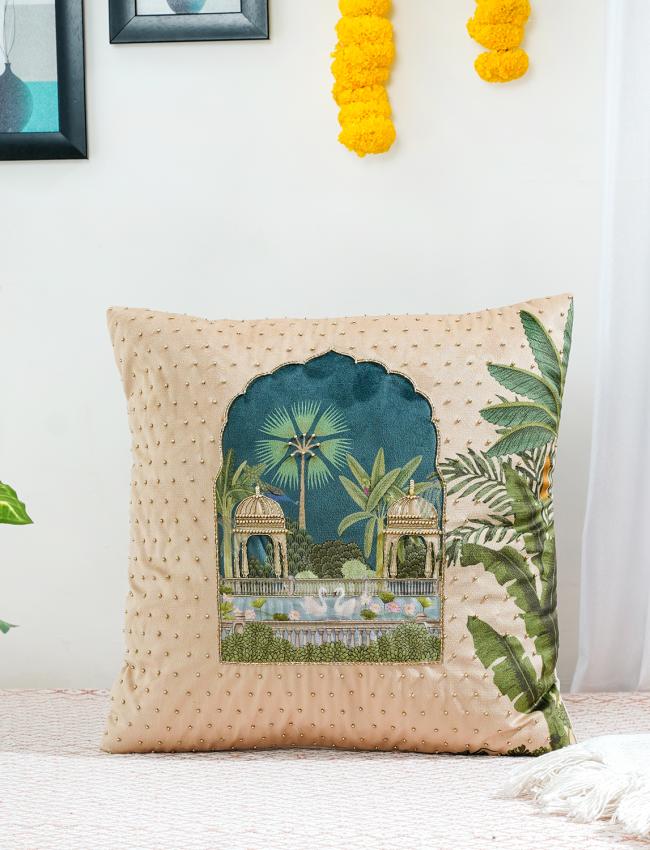 Jharokha camel velvet Cushion Cover 16x 16 Inch set of 2 pcs