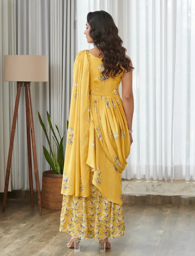 Kesar Yellow Ruffle Saree Dress TV_006