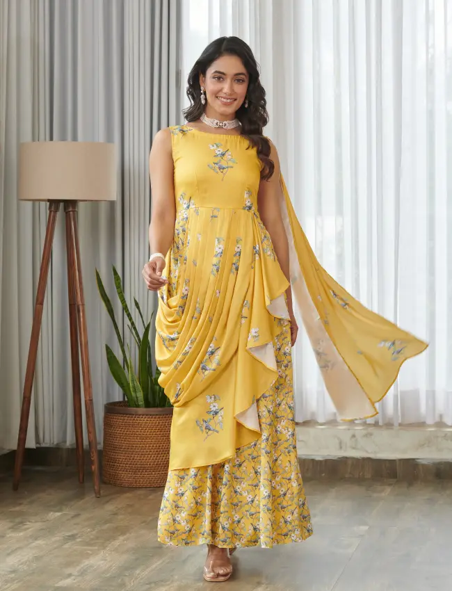 Kesar Yellow Ruffle Saree Dress TV_006
