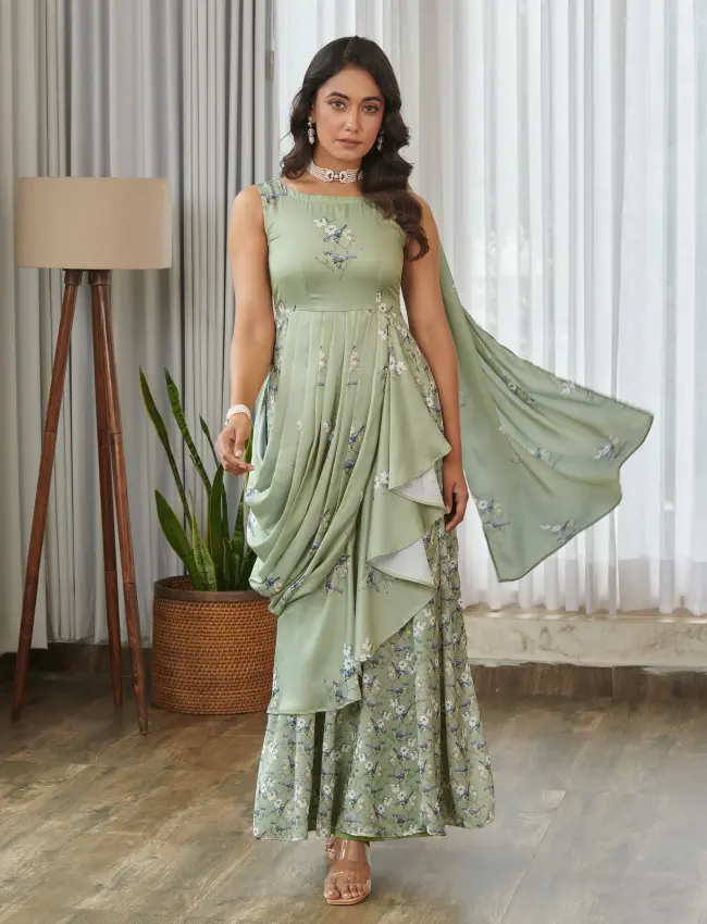Tulsi Green Ruffle Saree Dress TV_007