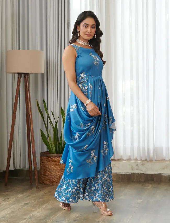 Indra Blue Ruffle Saree Dress TV_008