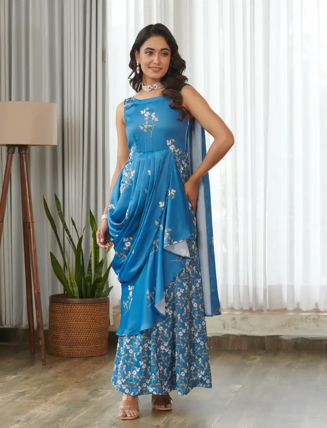 Indra Blue Ruffle Saree Dress TV_008
